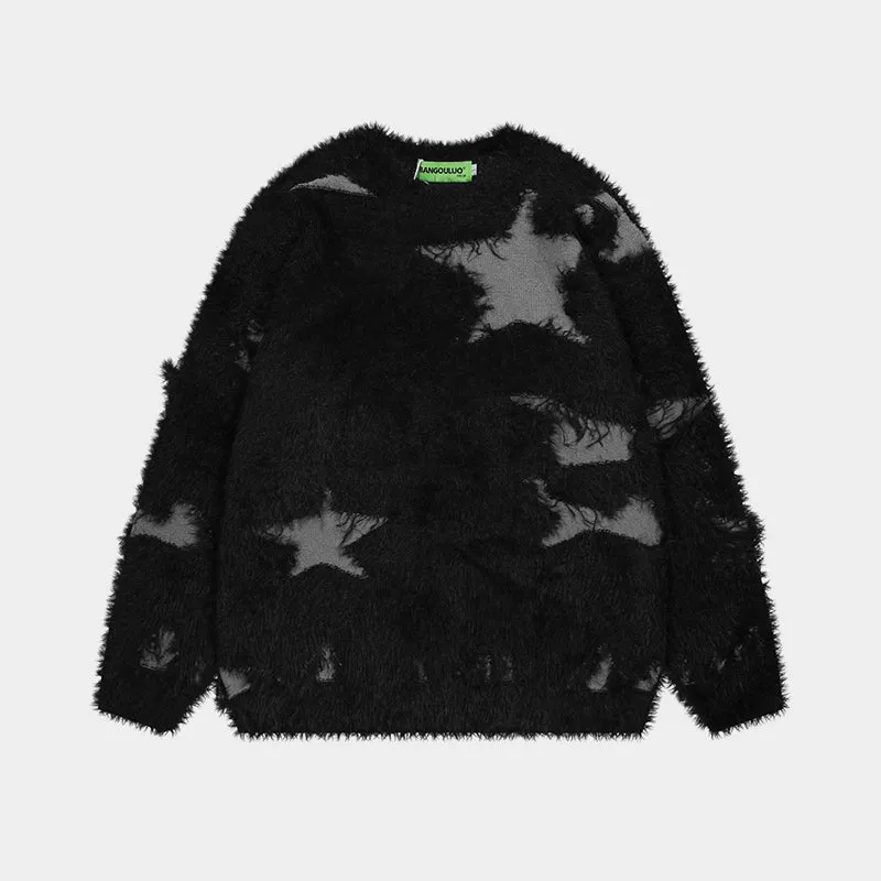 Distressed Star | Fuzzy Knit Sweater