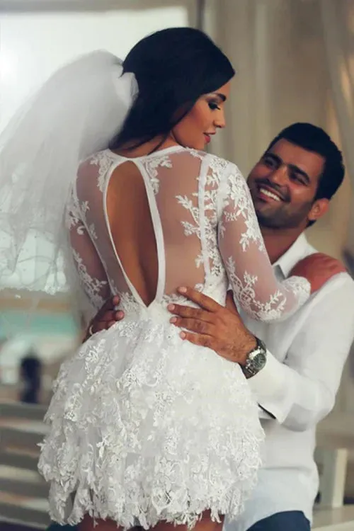 Elegant A-Line Scoop Lace Applique Long Sleeves Short-Mini Wedding Dresses