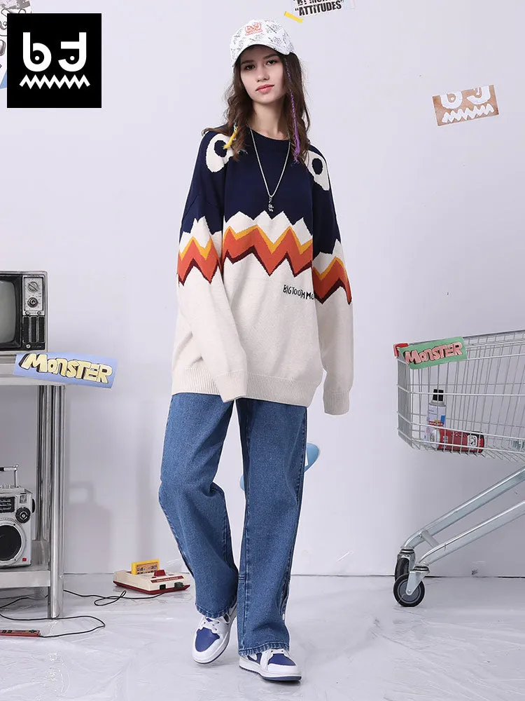 Fade color Cute Big tooth monster jacquard crew-neck sleeved sweater