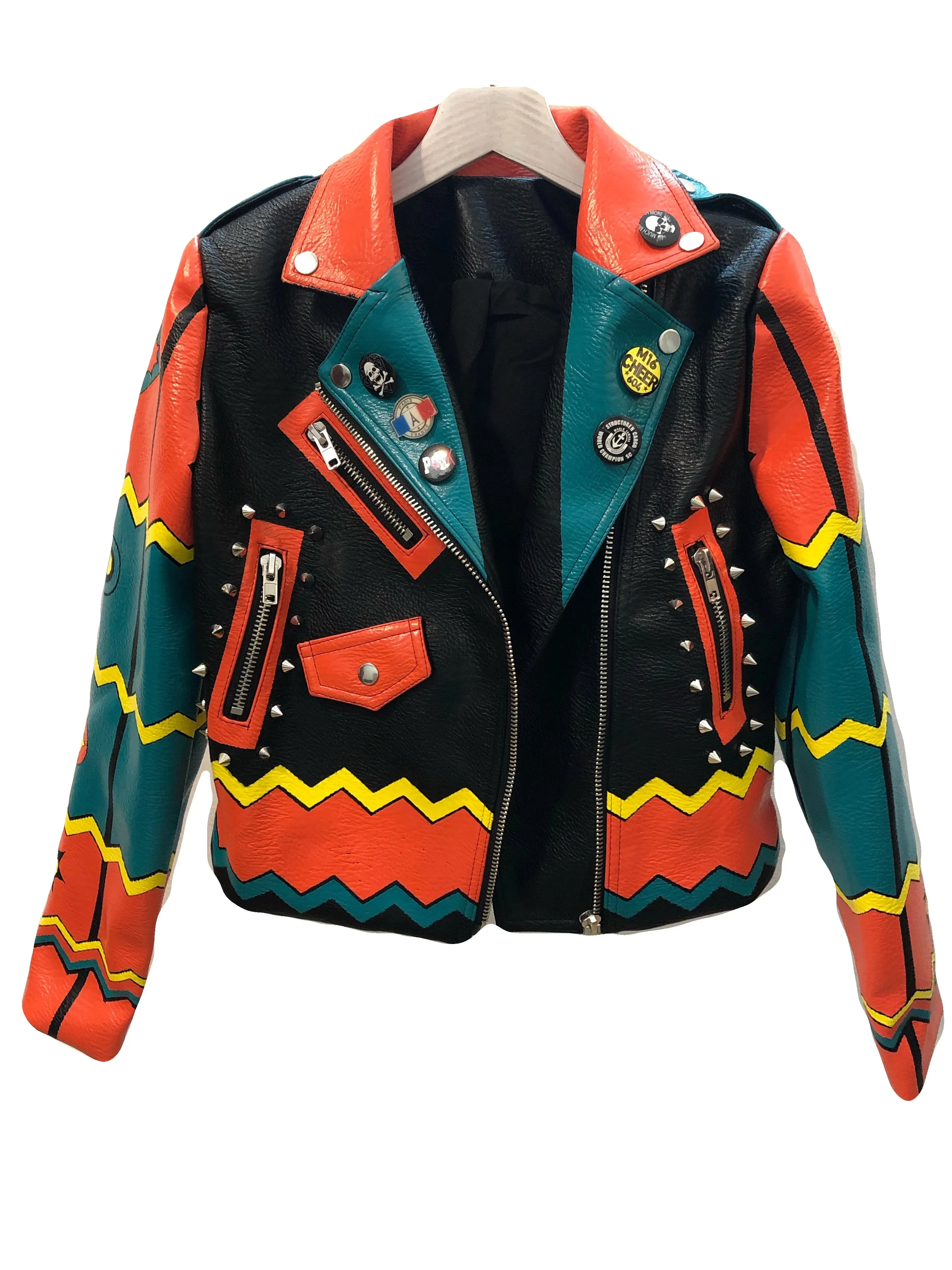 Fashion Rivet beading leather jacket Locomotive Wave graffiti cartoon pu Leather Jacket female Punk Motorcyle Jackets F2368
