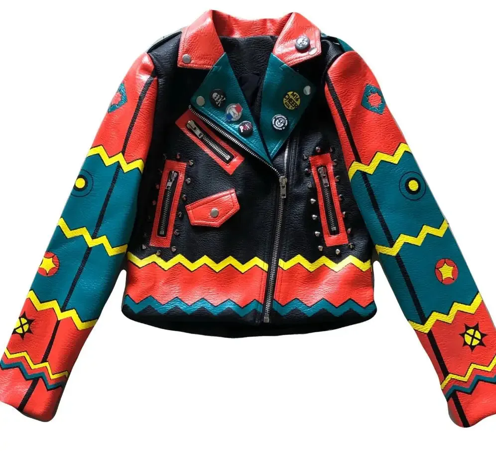 Fashion Rivet beading leather jacket Locomotive Wave graffiti cartoon pu Leather Jacket female Punk Motorcyle Jackets F2368