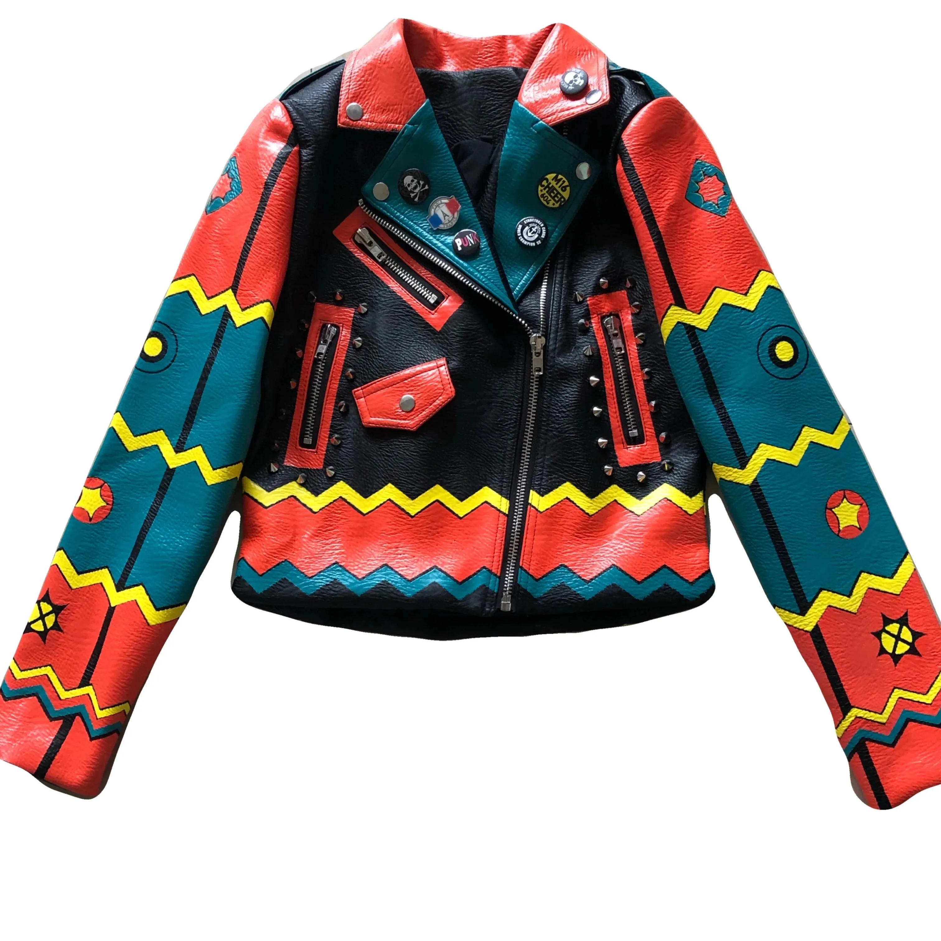 Fashion Rivet beading leather jacket Locomotive Wave graffiti cartoon pu Leather Jacket female Punk Motorcyle Jackets F2368