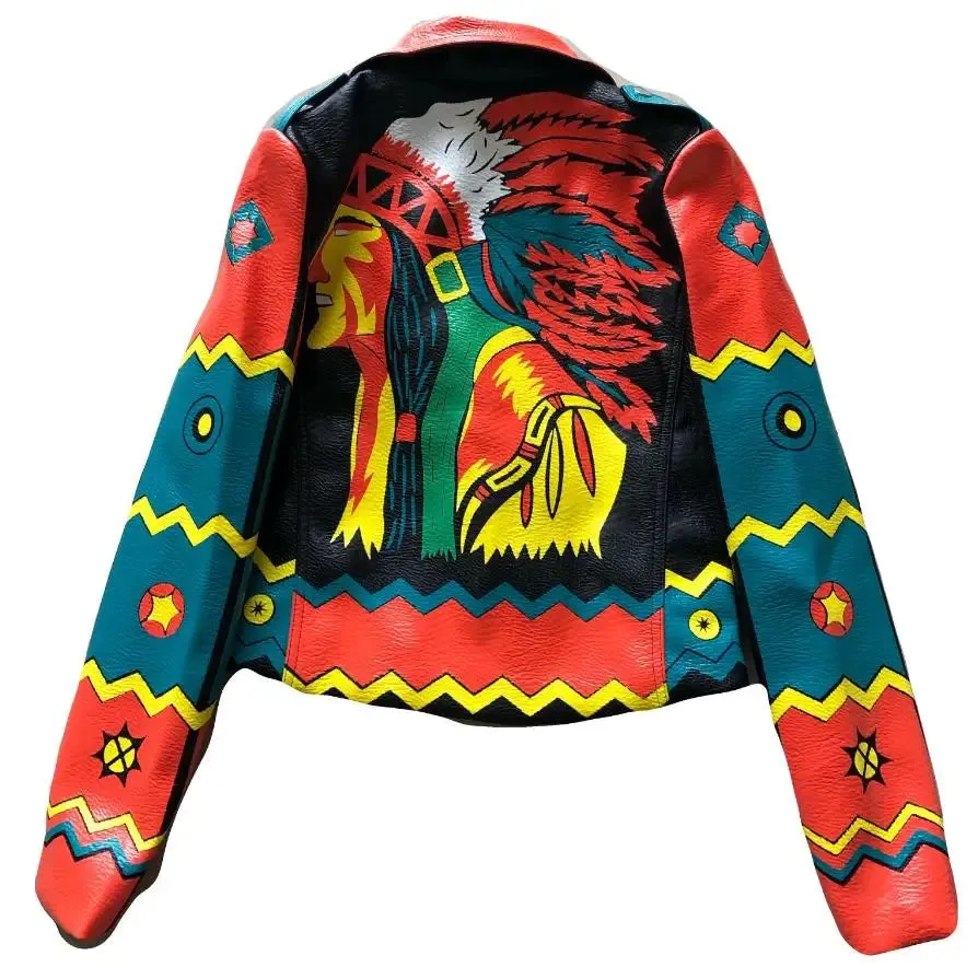 Fashion Rivet beading leather jacket Locomotive Wave graffiti cartoon pu Leather Jacket female Punk Motorcyle Jackets F2368