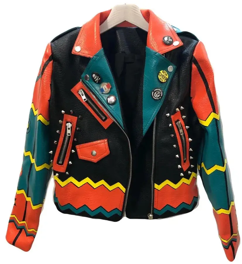 Fashion Rivet beading leather jacket Locomotive Wave graffiti cartoon pu Leather Jacket female Punk Motorcyle Jackets F2368