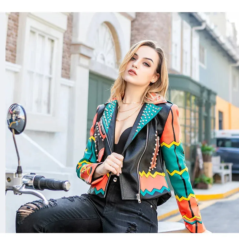 Fashion Rivet beading leather jacket Locomotive Wave graffiti cartoon pu Leather Jacket female Punk Motorcyle Jackets F2368
