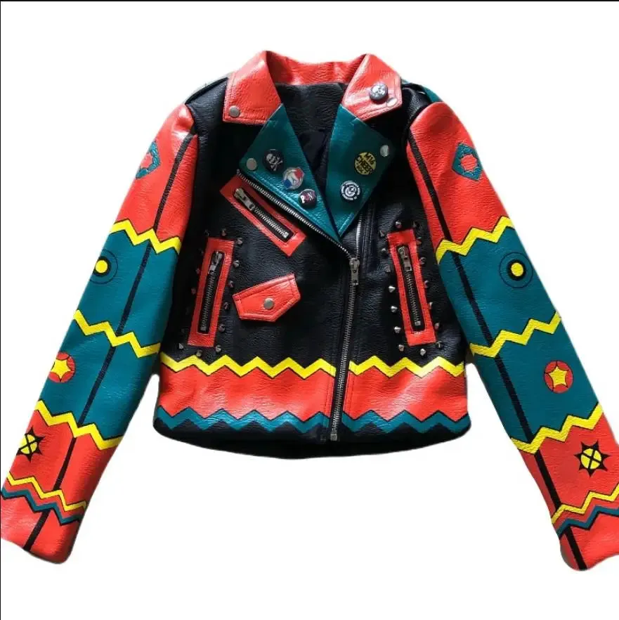 Fashion Rivet beading leather jacket Locomotive Wave graffiti cartoon pu Leather Jacket female Punk Motorcyle Jackets F2368