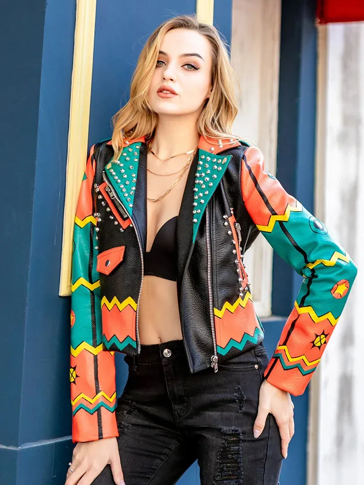Fashion Rivet beading leather jacket Locomotive Wave graffiti cartoon pu Leather Jacket female Punk Motorcyle Jackets F2368
