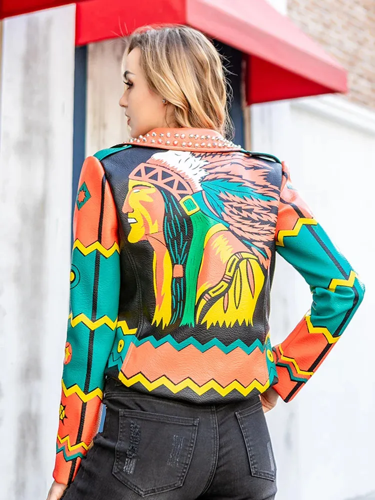 Fashion Rivet beading leather jacket Locomotive Wave graffiti cartoon pu Leather Jacket female Punk Motorcyle Jackets F2368