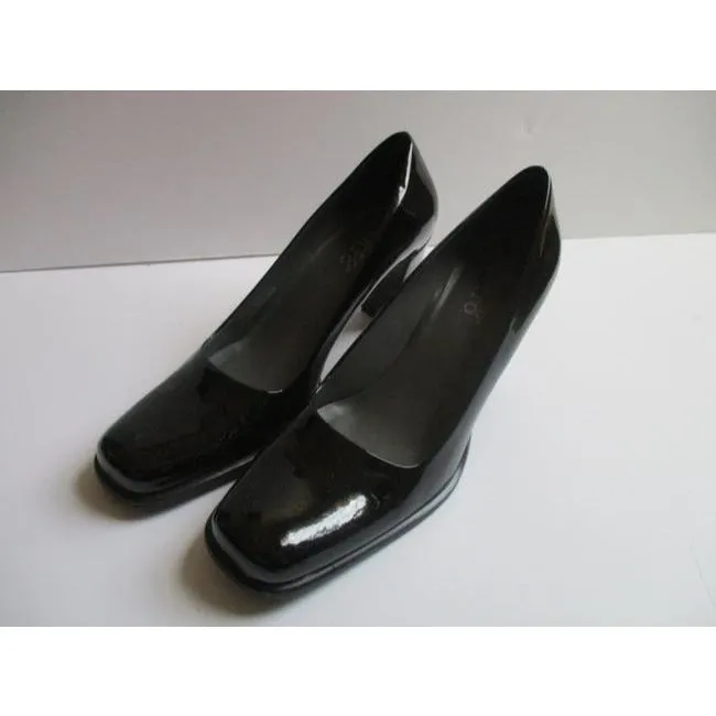 Franco Sarto Black Patent Square Toe Stacked Heel Pumps Size Us