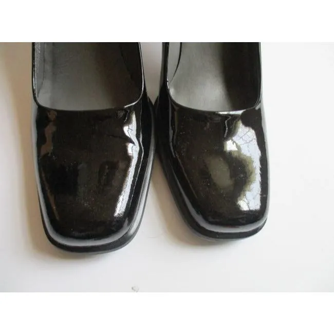 Franco Sarto Black Patent Square Toe Stacked Heel Pumps Size Us