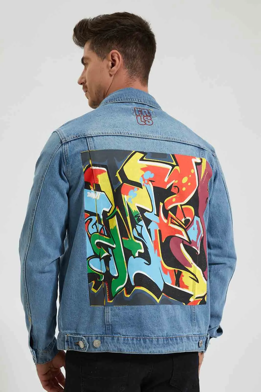 Indigo Denim Jacket With Graffiti Back Print