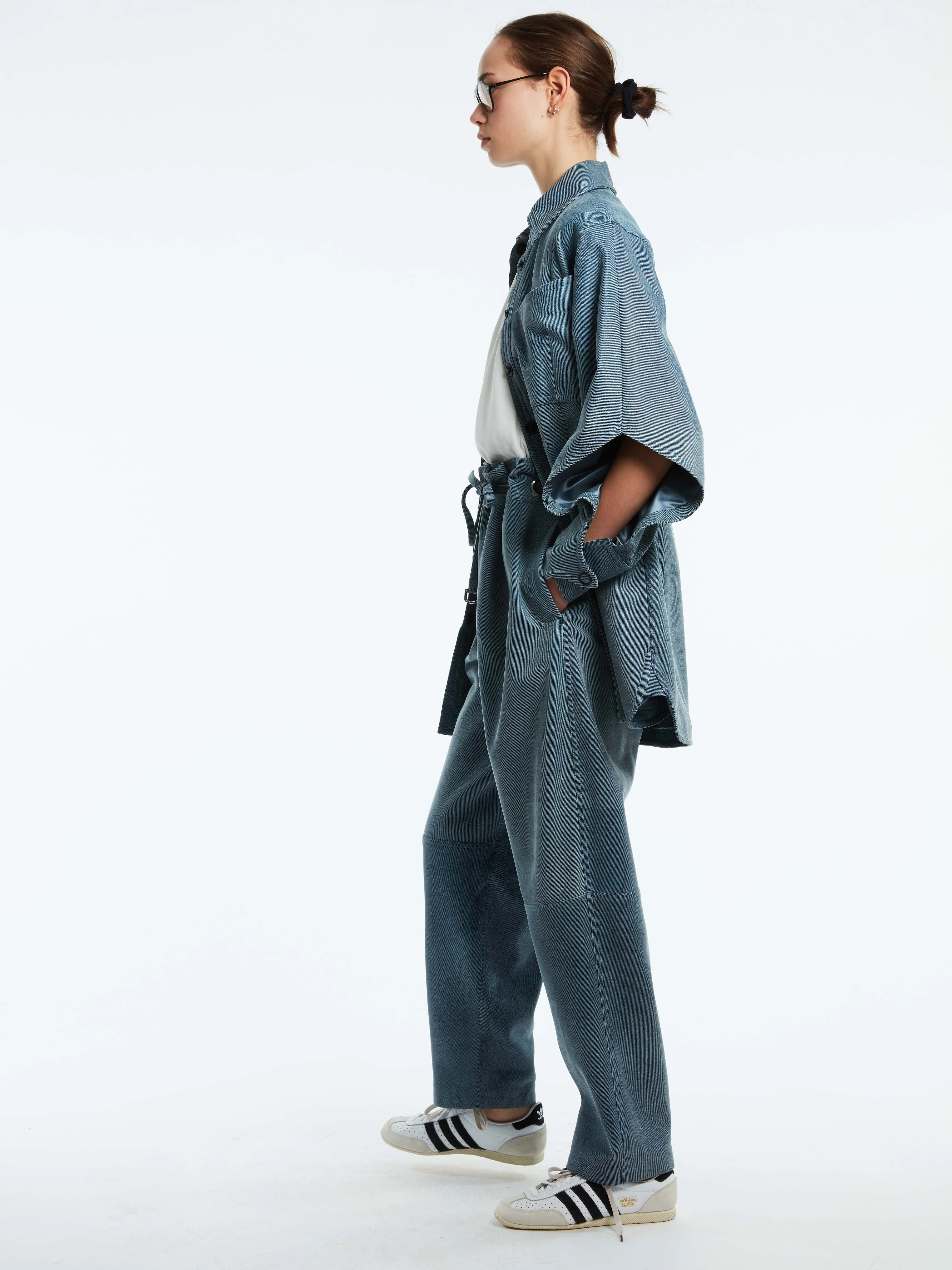 LEATHER STONE WASHED DENIM DRESS JACKET