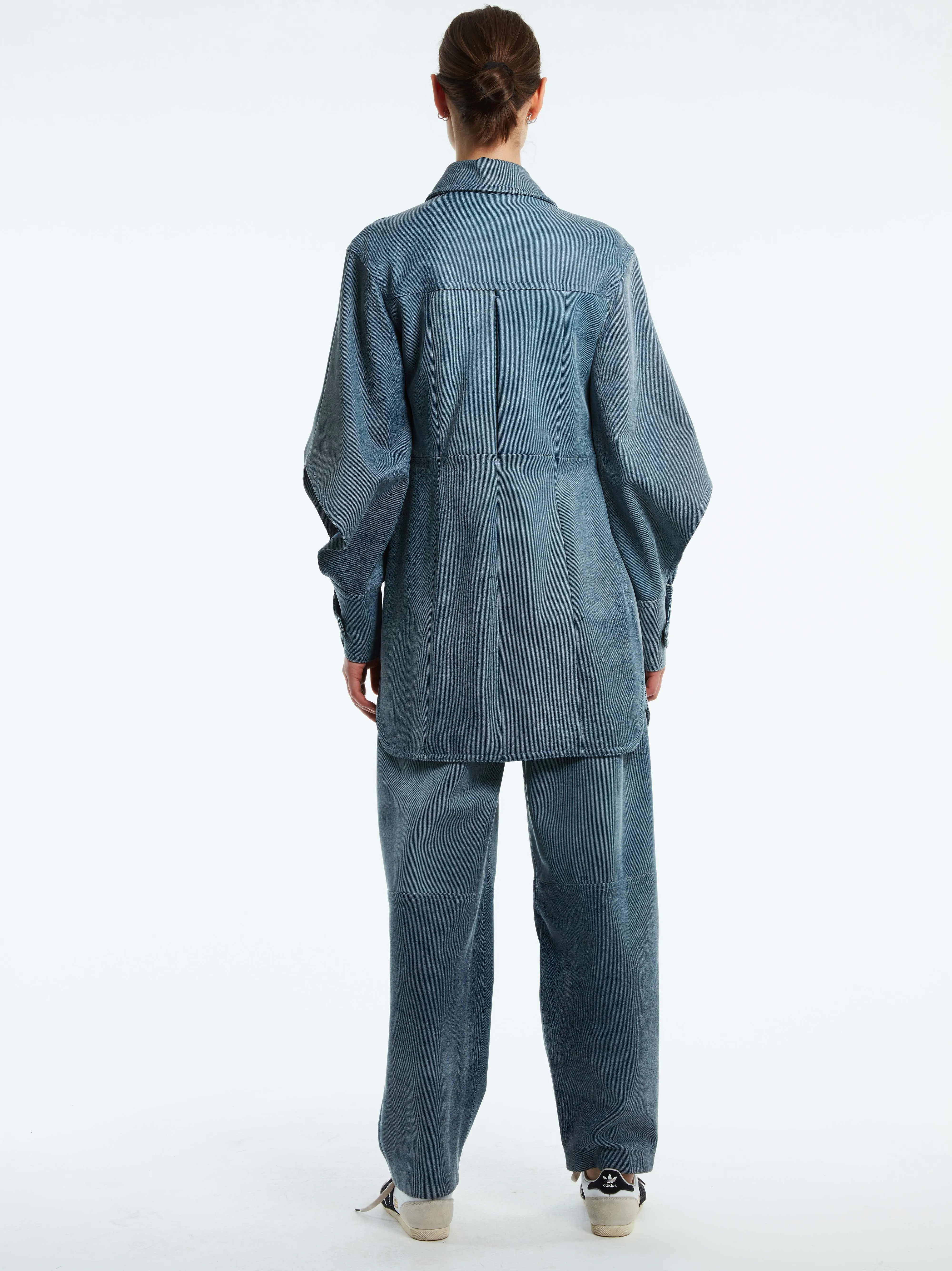 LEATHER STONE WASHED DENIM DRESS JACKET
