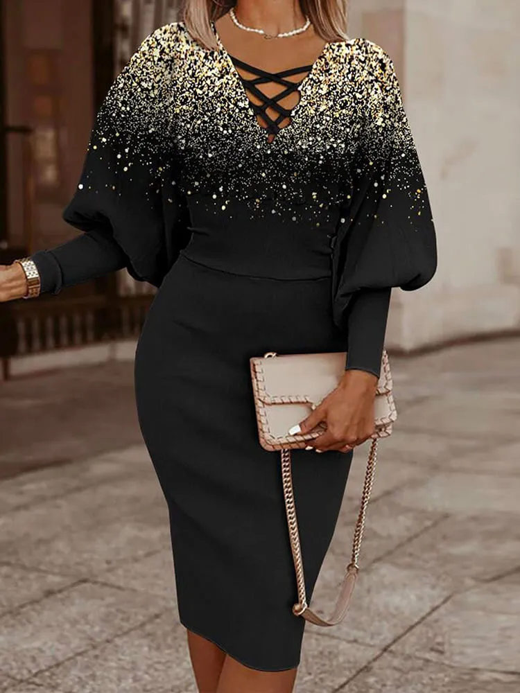 Long Lantern Sleeve Printed Midi Dresses
