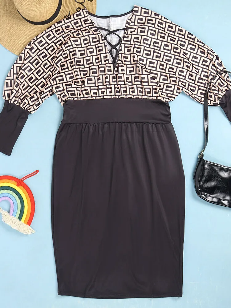Long Lantern Sleeve Printed Midi Dresses