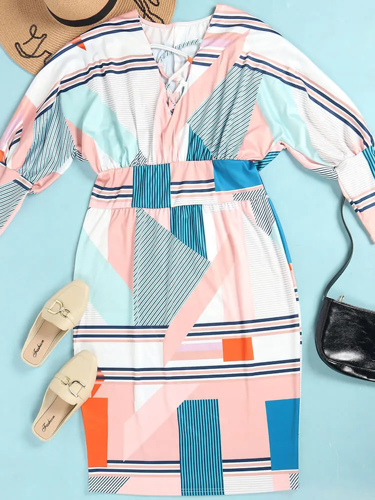 Long Lantern Sleeve Printed Midi Dresses
