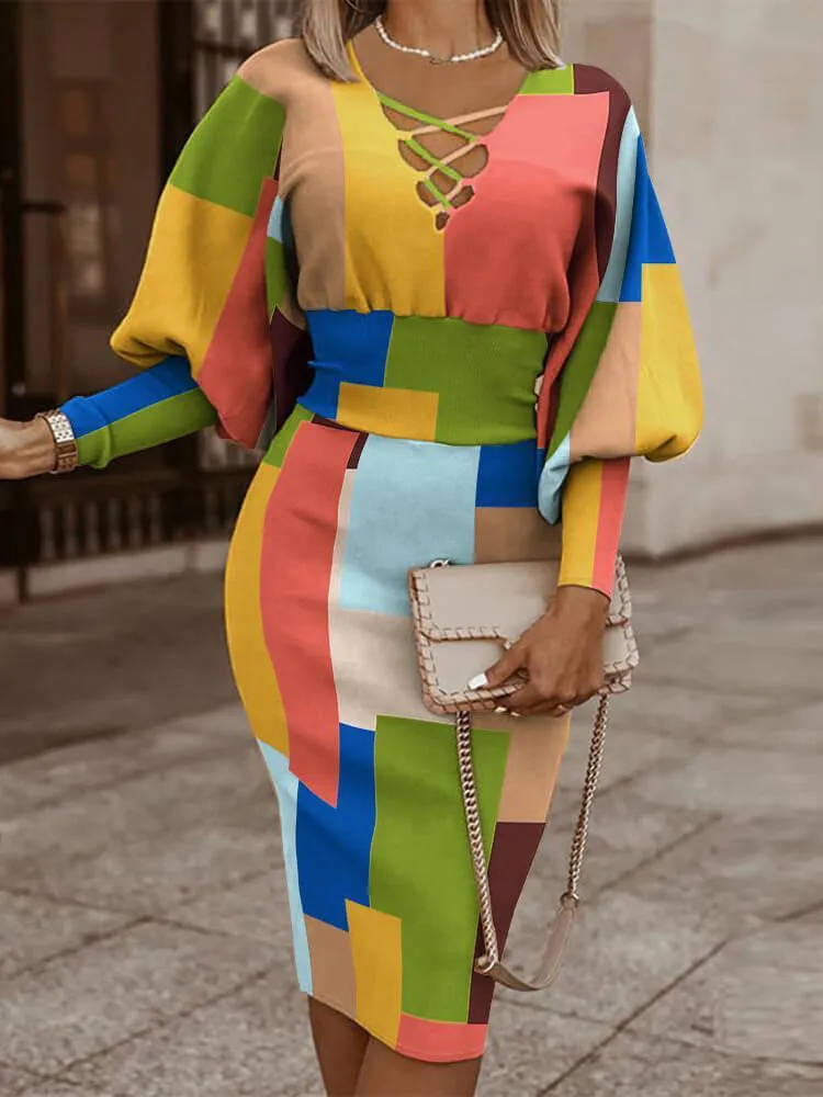 Long Lantern Sleeve Printed Midi Dresses