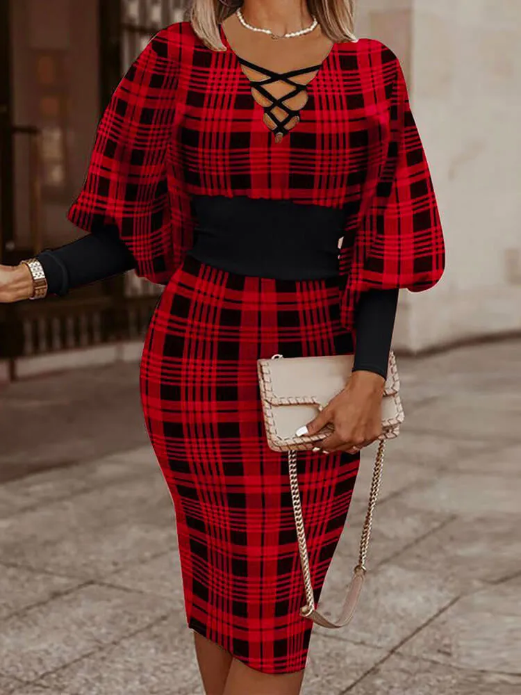 Long Lantern Sleeve Printed Midi Dresses