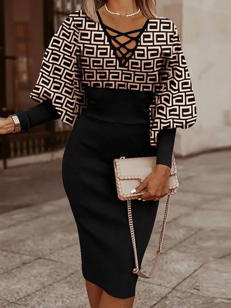 Long Lantern Sleeve Printed Midi Dresses