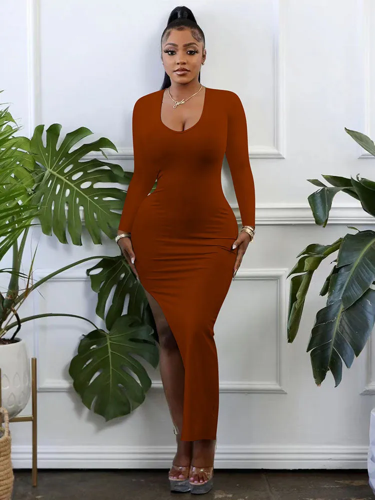 Long Sleeve High Slit Bodycon Midi Dresses