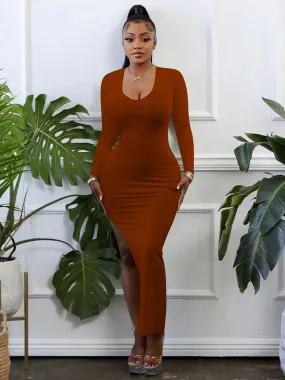 Long Sleeve High Slit Bodycon Midi Dresses