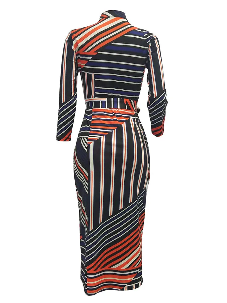Long Sleeve Striped Color Block Midi Dresses