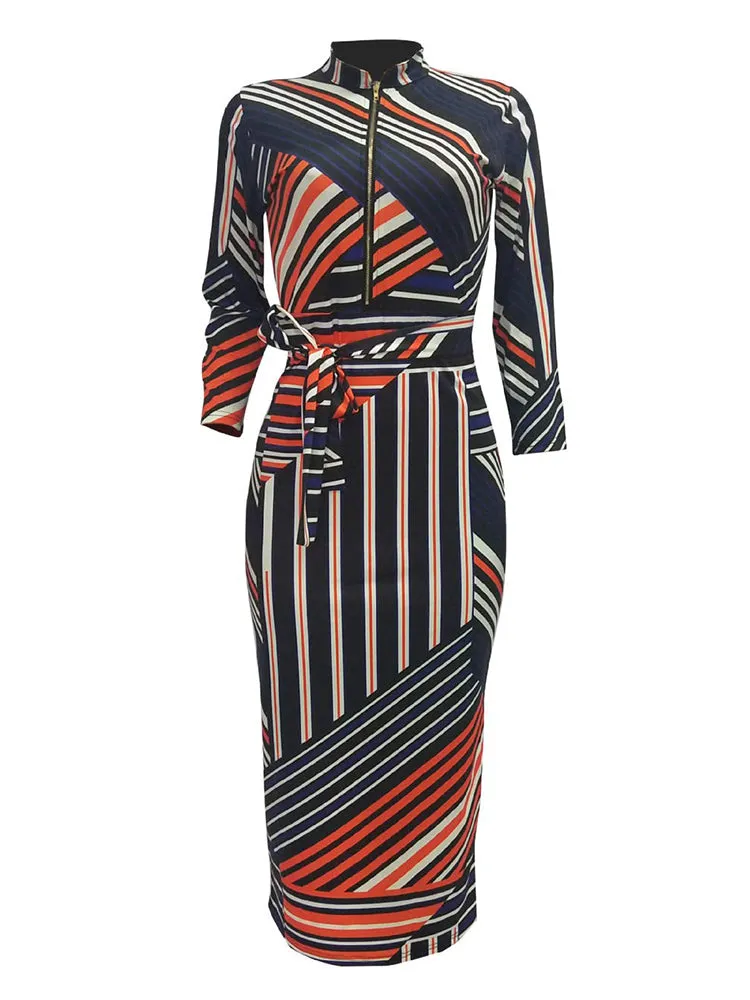 Long Sleeve Striped Color Block Midi Dresses