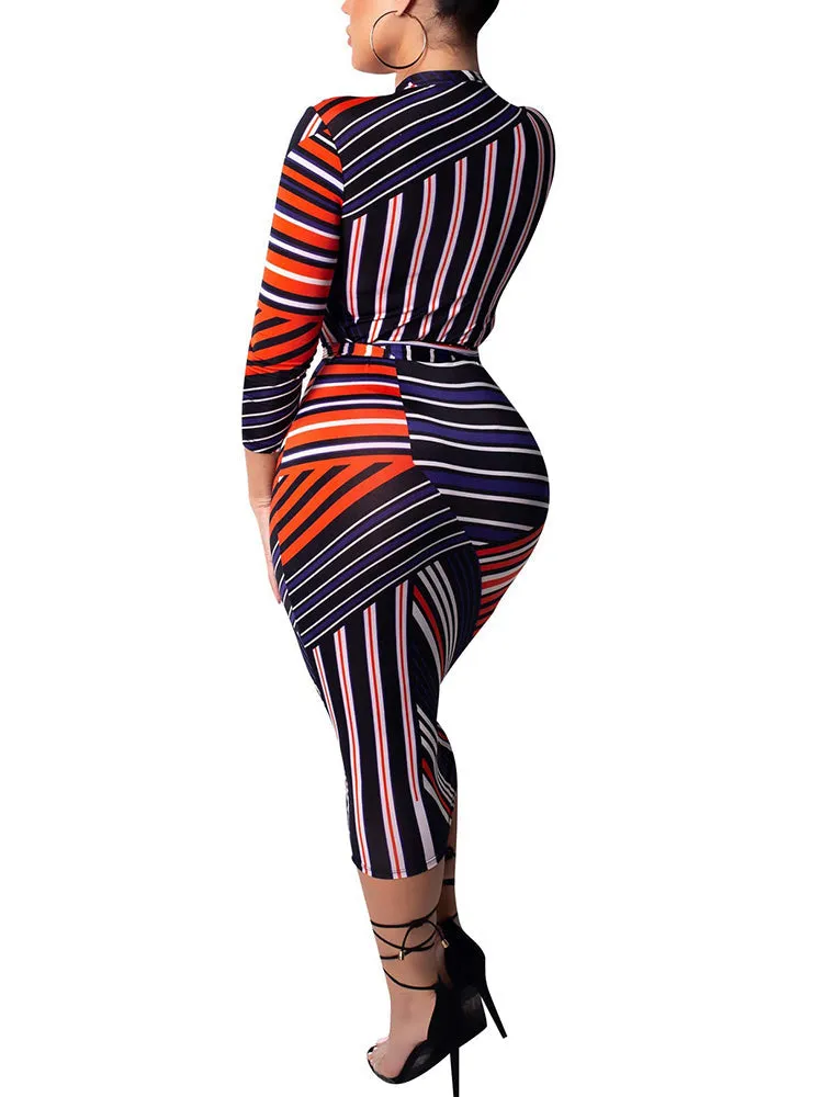 Long Sleeve Striped Color Block Midi Dresses