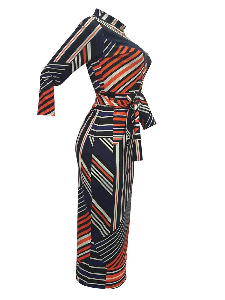 Long Sleeve Striped Color Block Midi Dresses