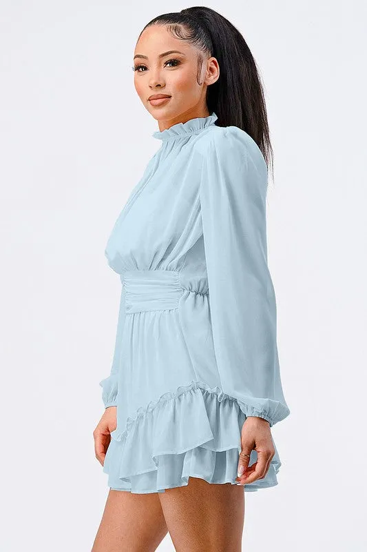 LUX RUFFLED MOCK NECK WAIST SHIRRING BUBBLE DRESS