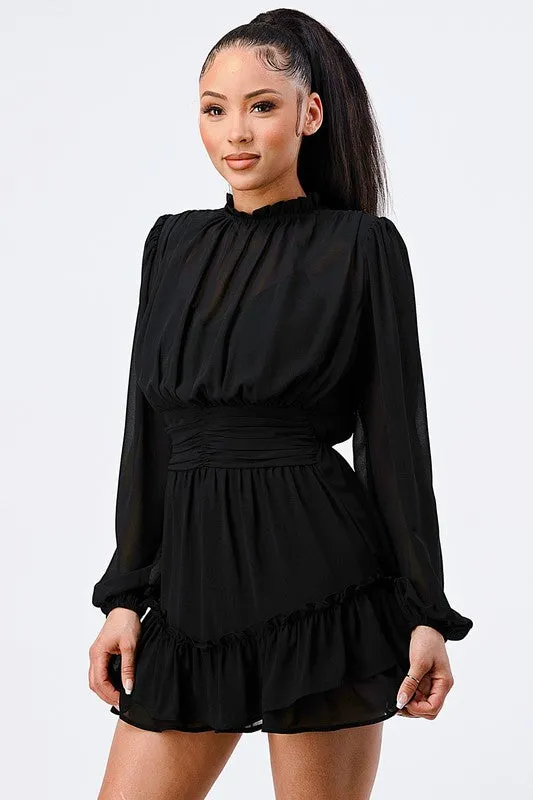 LUX RUFFLED MOCK NECK WAIST SHIRRING BUBBLE DRESS