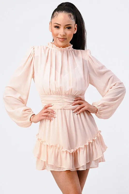 LUX RUFFLED MOCK NECK WAIST SHIRRING BUBBLE DRESS