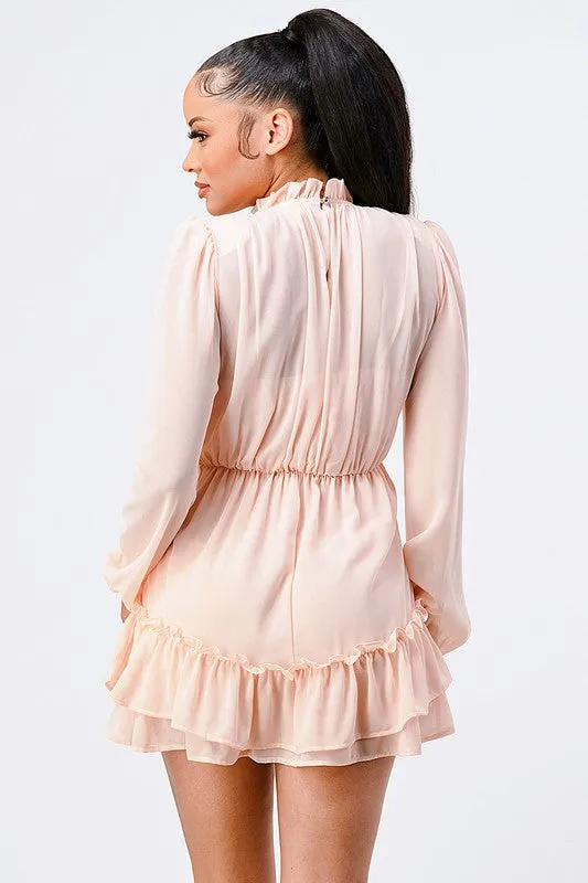 LUX RUFFLED MOCK NECK WAIST SHIRRING BUBBLE DRESS