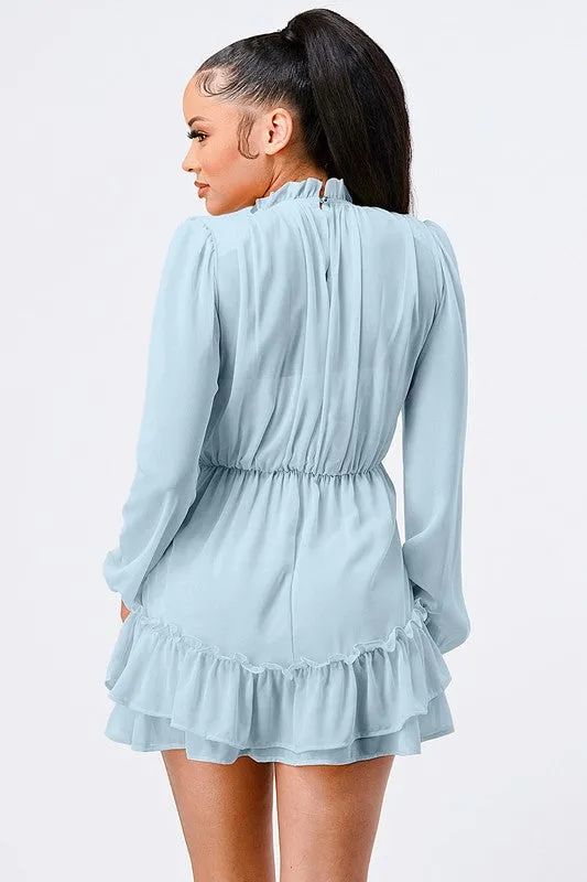 LUX RUFFLED MOCK NECK WAIST SHIRRING BUBBLE DRESS