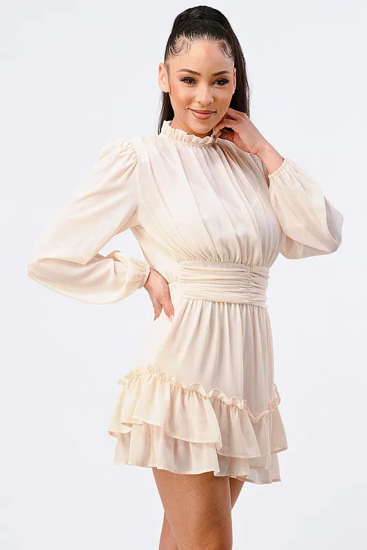 LUX RUFFLED MOCK NECK WAIST SHIRRING BUBBLE DRESS