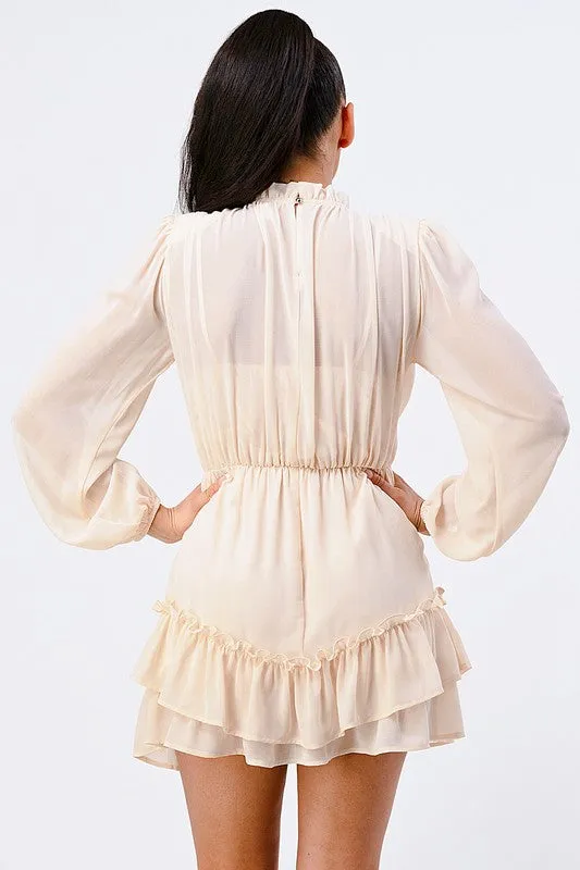 LUX RUFFLED MOCK NECK WAIST SHIRRING BUBBLE DRESS