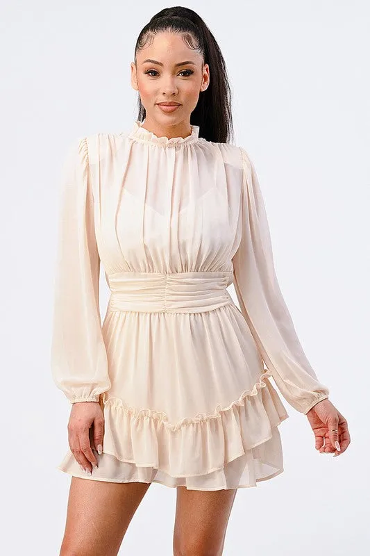 LUX RUFFLED MOCK NECK WAIST SHIRRING BUBBLE DRESS
