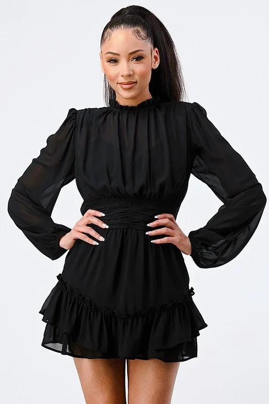 LUX RUFFLED MOCK NECK WAIST SHIRRING BUBBLE DRESS