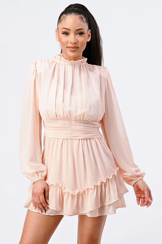 LUX RUFFLED MOCK NECK WAIST SHIRRING BUBBLE DRESS