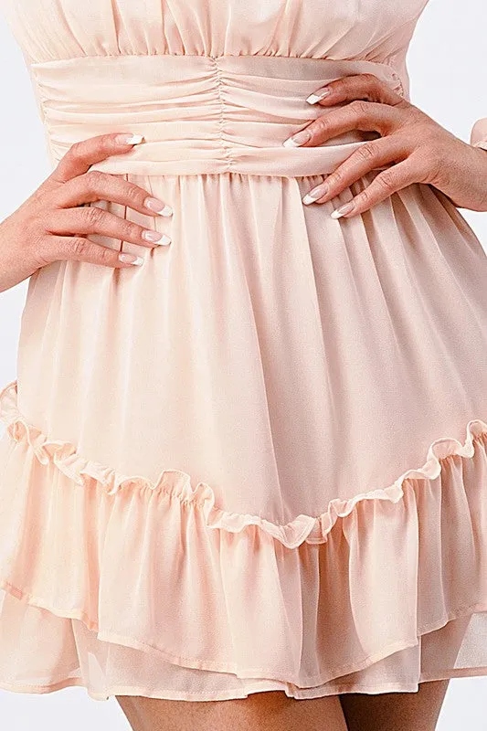 LUX RUFFLED MOCK NECK WAIST SHIRRING BUBBLE DRESS