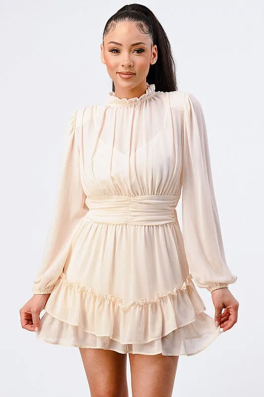 LUX RUFFLED MOCK NECK WAIST SHIRRING BUBBLE DRESS