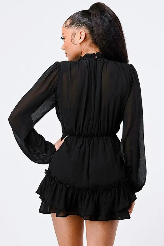 LUX RUFFLED MOCK NECK WAIST SHIRRING BUBBLE DRESS