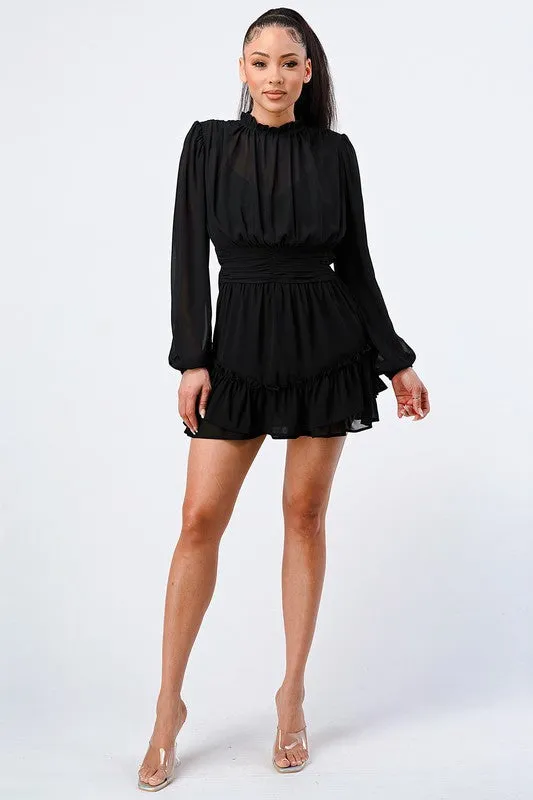 LUX RUFFLED MOCK NECK WAIST SHIRRING BUBBLE DRESS