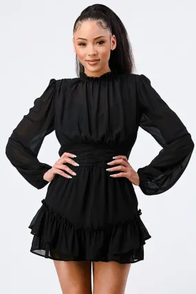 LUX RUFFLED MOCK NECK WAIST SHIRRING BUBBLE DRESS