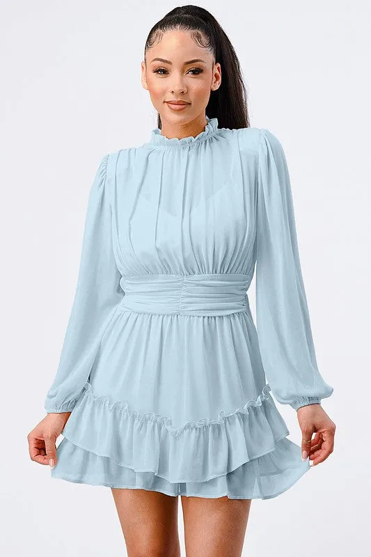 LUX RUFFLED MOCK NECK WAIST SHIRRING BUBBLE DRESS