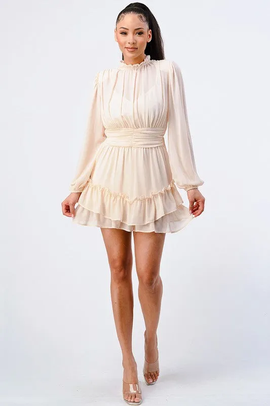 LUX RUFFLED MOCK NECK WAIST SHIRRING BUBBLE DRESS