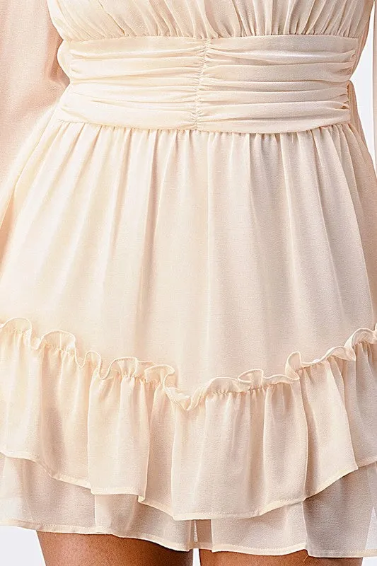 LUX RUFFLED MOCK NECK WAIST SHIRRING BUBBLE DRESS