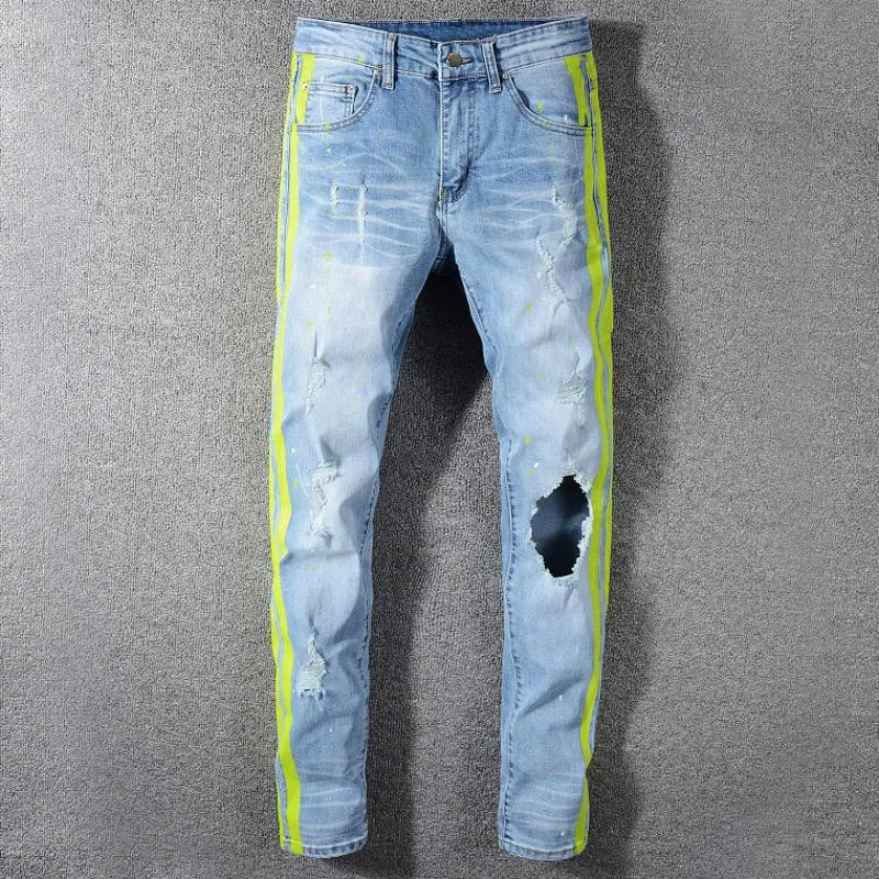 Men's Elastic Ripped Jeans With Color Stripes