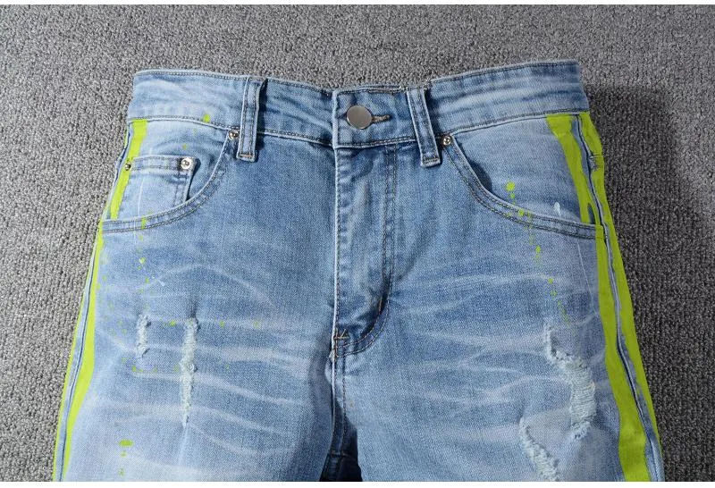 Men's Elastic Ripped Jeans With Color Stripes