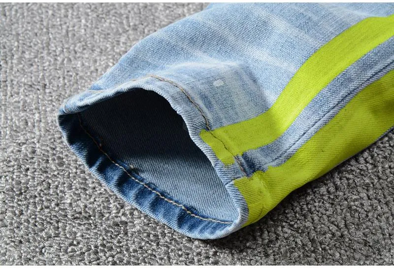 Men's Elastic Ripped Jeans With Color Stripes